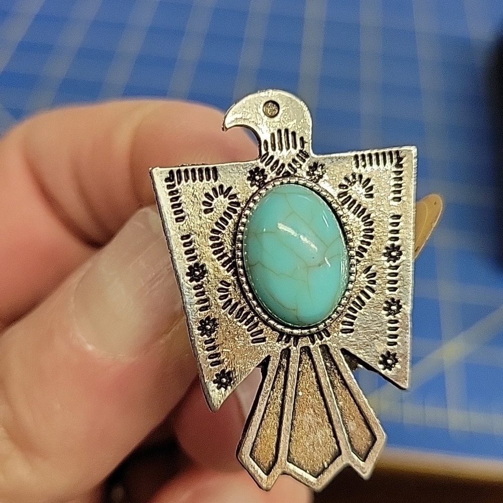 Eagle Turquoise Stone Silver Tone Ring Size 6 Adjustable